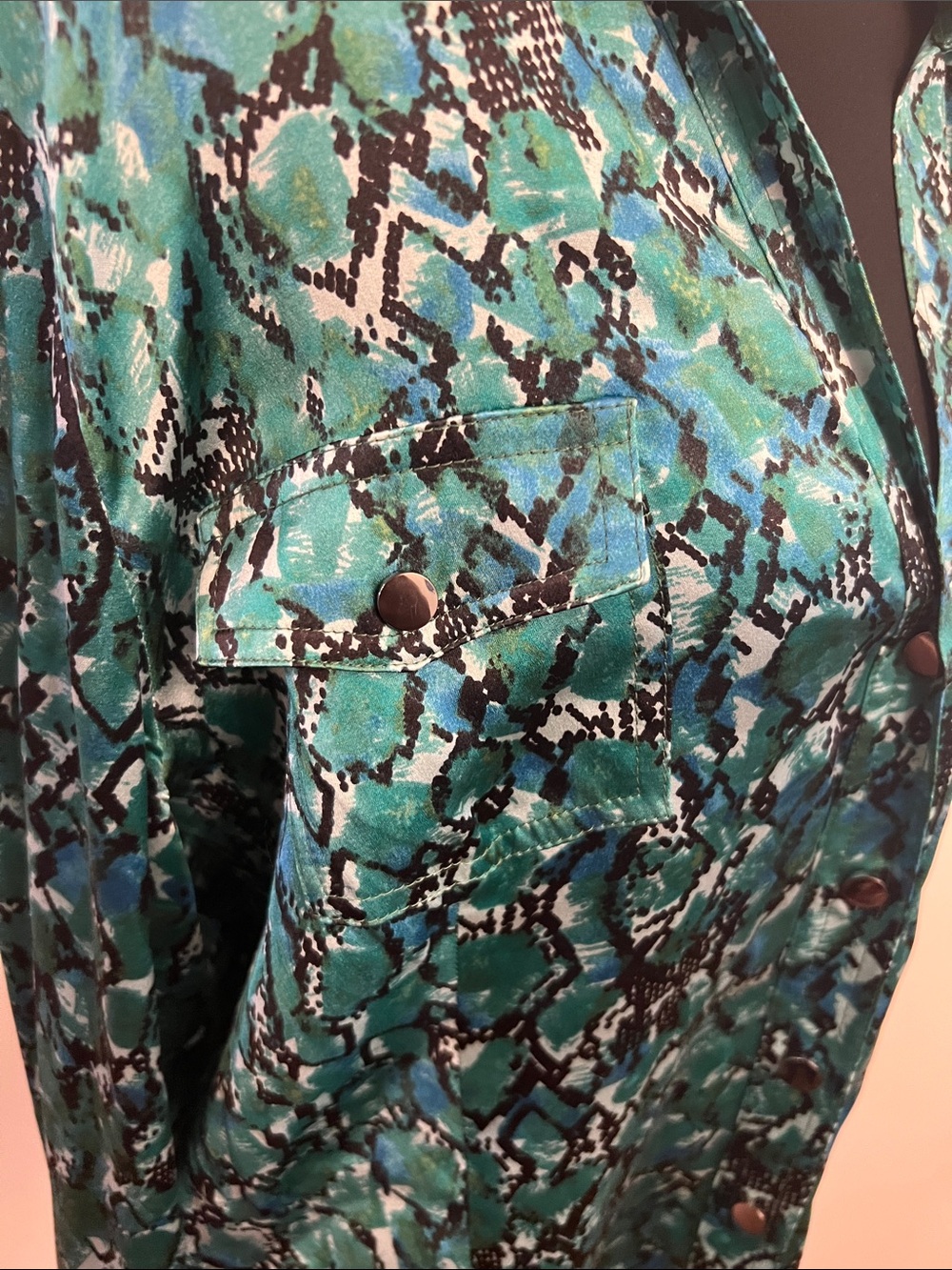 Cache Teal Satin Snake-Print Blouse - Picture 6 of 8